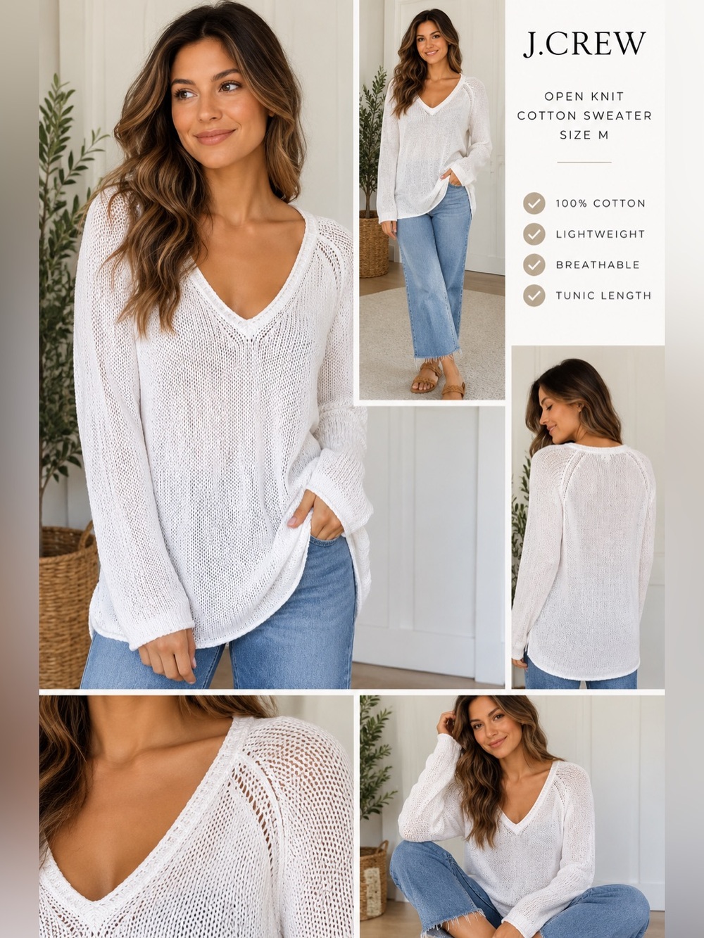 J.Crew White Open Knit Cotton Sweater Tunic V Neck Size M Coastal